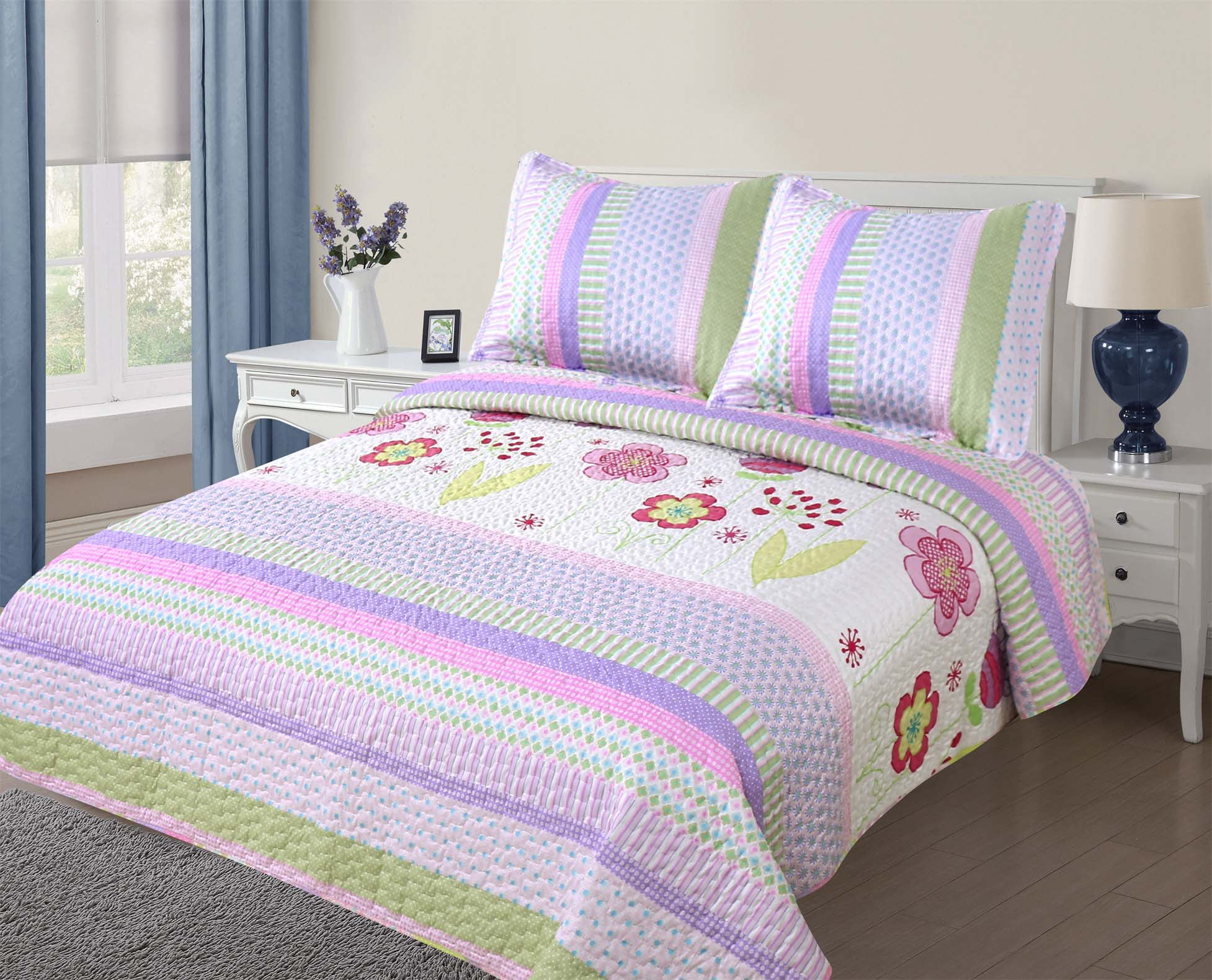 Photo 1 of Golden Linens Full Size (1 Quilt, 2 Shams) Light Purple Pink Stripe Floral Kids Teens/Girls Quilt Bedspread 07-16 Girls