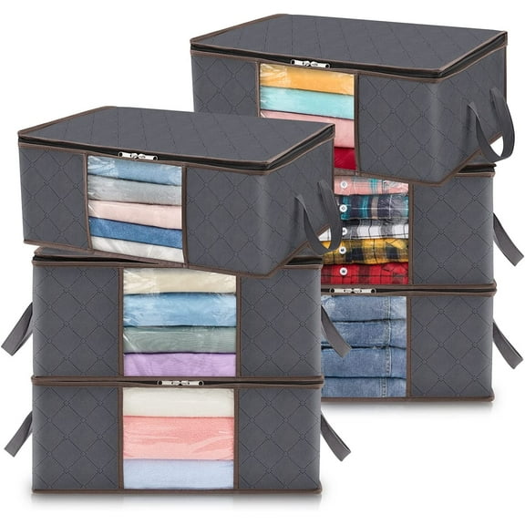Lifewit Clothes Storage Bag Foldable Storage Bin Closet Organizer with Reinforced Handle Sturdy Fabric Clear Window for Sweaters, Coats, T-shirts, Blankets, 6 Pack, 35L, Grey