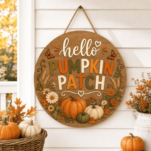 Hello Fall Pumpkin Patch Wooden Door Sign for Farmhouse Porch Decor