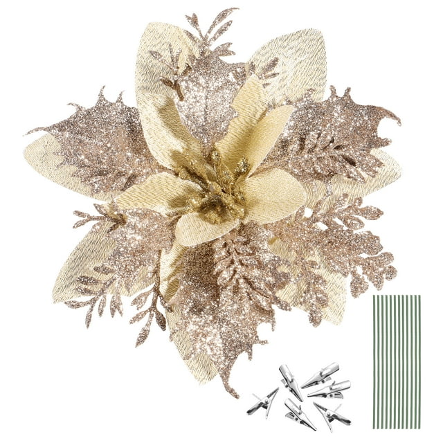 TOYANDONA 12 piezas de flores de pascua artificiales con purpurina navideña, adornos de flores para árbol de Navidad, decoración de fiesta con 12 piezas de tallos y clips