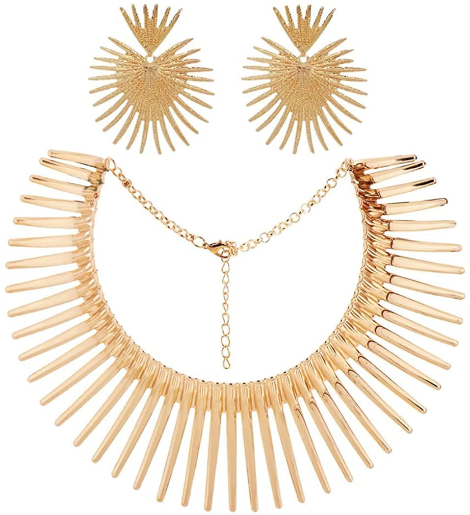 Gold Tone Clear Crystal Starburst Collar Necklace Earring Set 