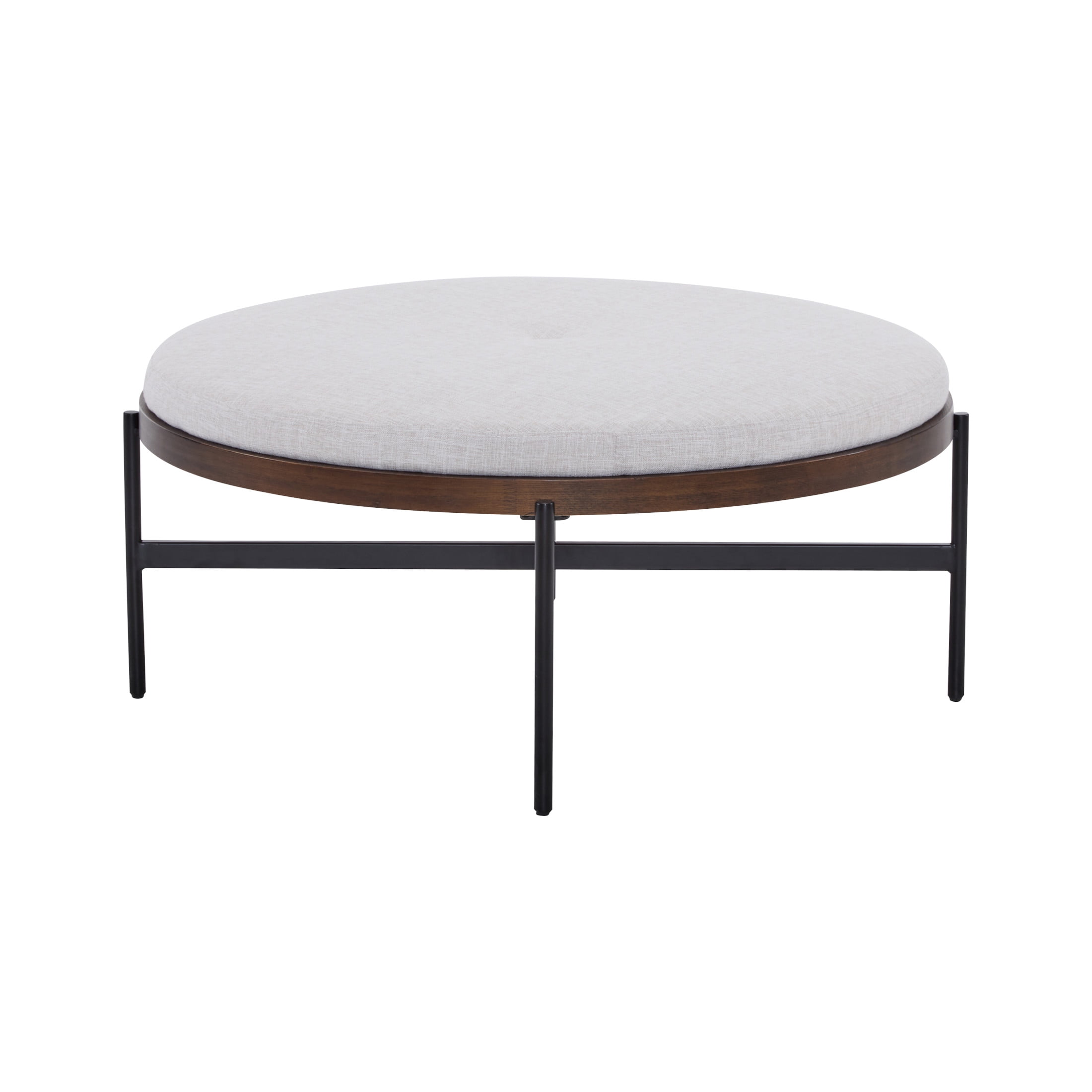 36'' Modern Round Cocktail Ottoman with Fabric Upholstery and Metal Base, Beige+Black