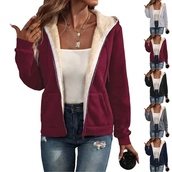 UDAUDU Womens Sherpa Jacket Winter Fashion Fleece Lined Warm Full Zip Up Hoodies Solid Long Sleeve Coats Sweatshirt Wine L