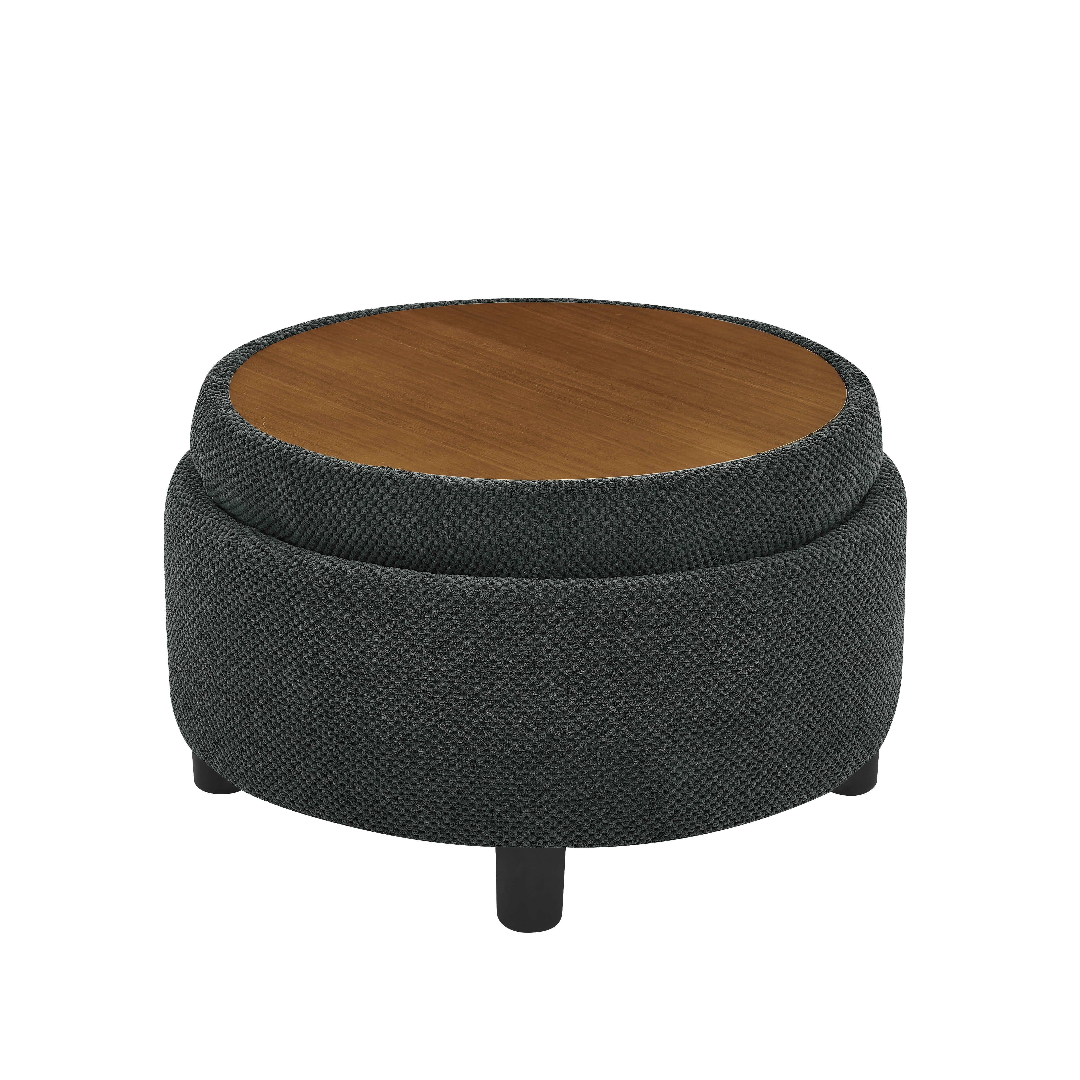 MAYEERTY 25 In Round Storage Ottoman with Tray, Tufted Fabric, Coffee Table Ottoman, Dark Grey