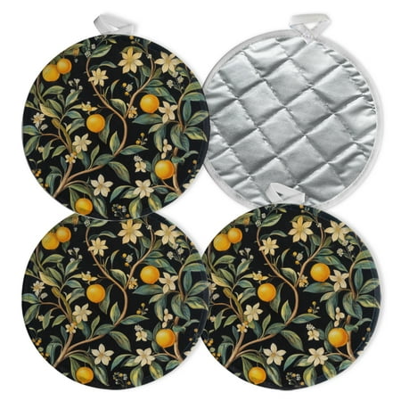 

4 PCS Pot Holders for Kitchen Potholders Sets with Hook for Oven Cooking Baking Painting Of Citrus Flowers On Black Background
