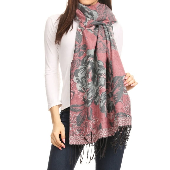 Sakkas Aurora Floral Rose Pashmina Scarf Shawl with Fringe Super Warm Soft Vegan - Lightpink/gray - One Size Regular