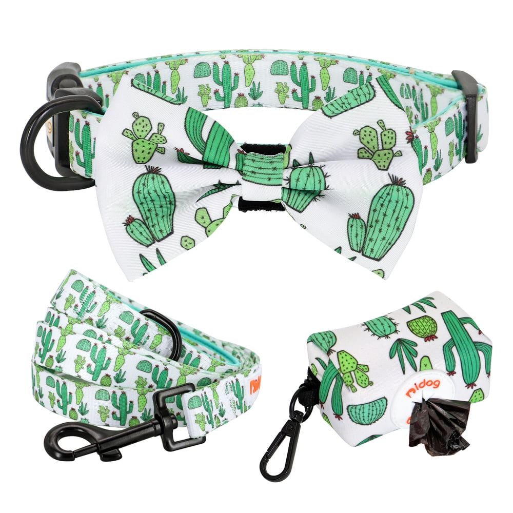 Didog Floral Cute Bowtie Dog Collar & Leash & Poop Bags Holder Adjustabale for Puppy