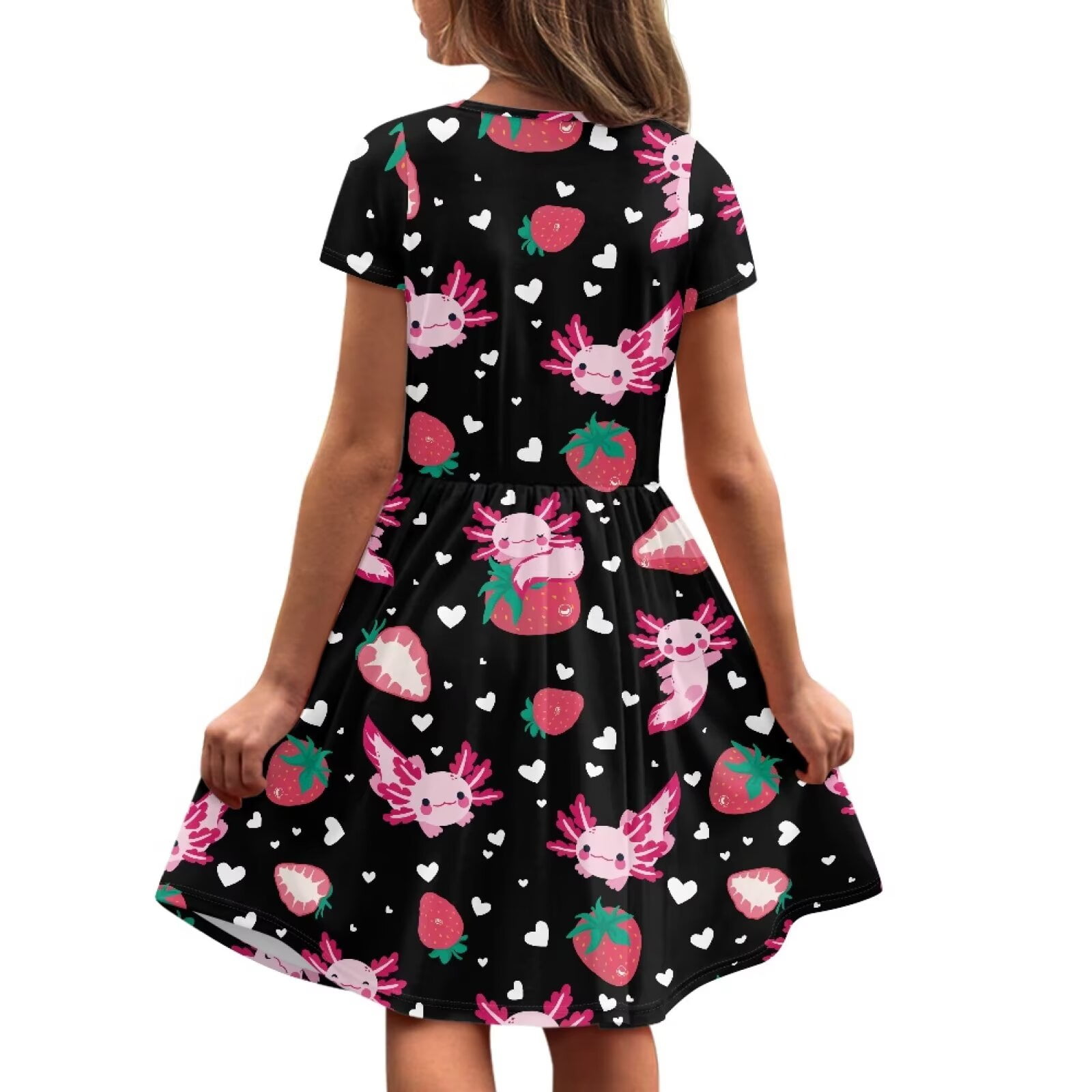 Uourmeti Axolotl Swing Dress Girls Summer Cute Short Sleeve Knee A-line Dresses Strawberries Trendy Soft Crew Neck Party Dress Casual Beach Dresses with Pockets