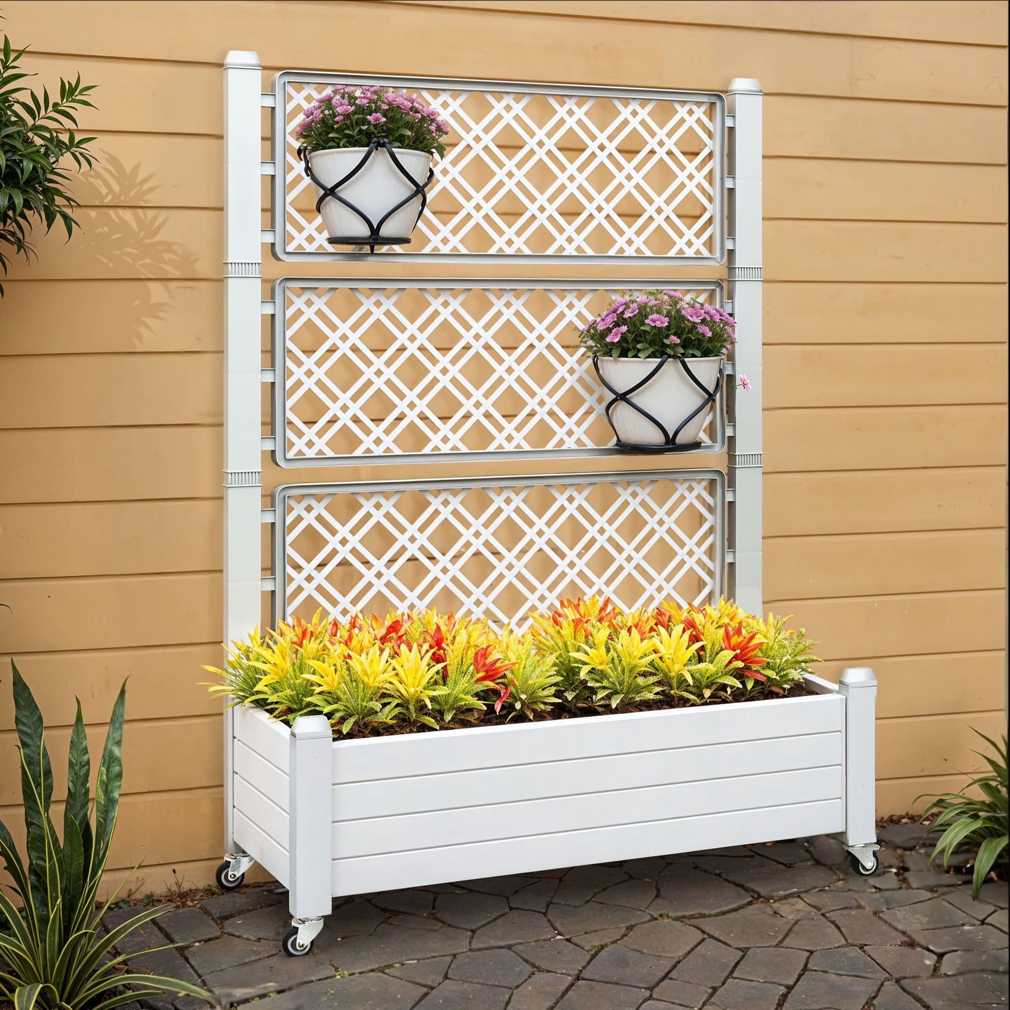 Uforic 3.6 x 1.5 x 5 FT Raised Garden Bed with Trellis, Large Outdoor Planter Box on Wheels for Patio, Grayish-White for Climbing Plants Vegetables