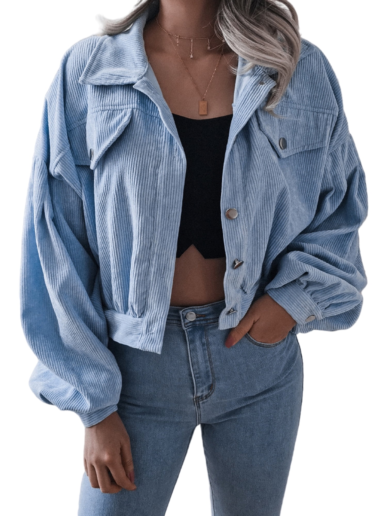 UKAP Women Corduroy Jacket Buttons Down Puff Sleeve Coat Solid Color Casual Long Sleeve Outdoor Cropped Tops Outwear