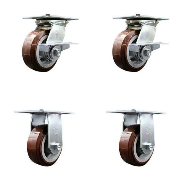 5 Inch Polyurethane Caster Set with Roller Bearing 2 Brakes and 2 Rigid SCC