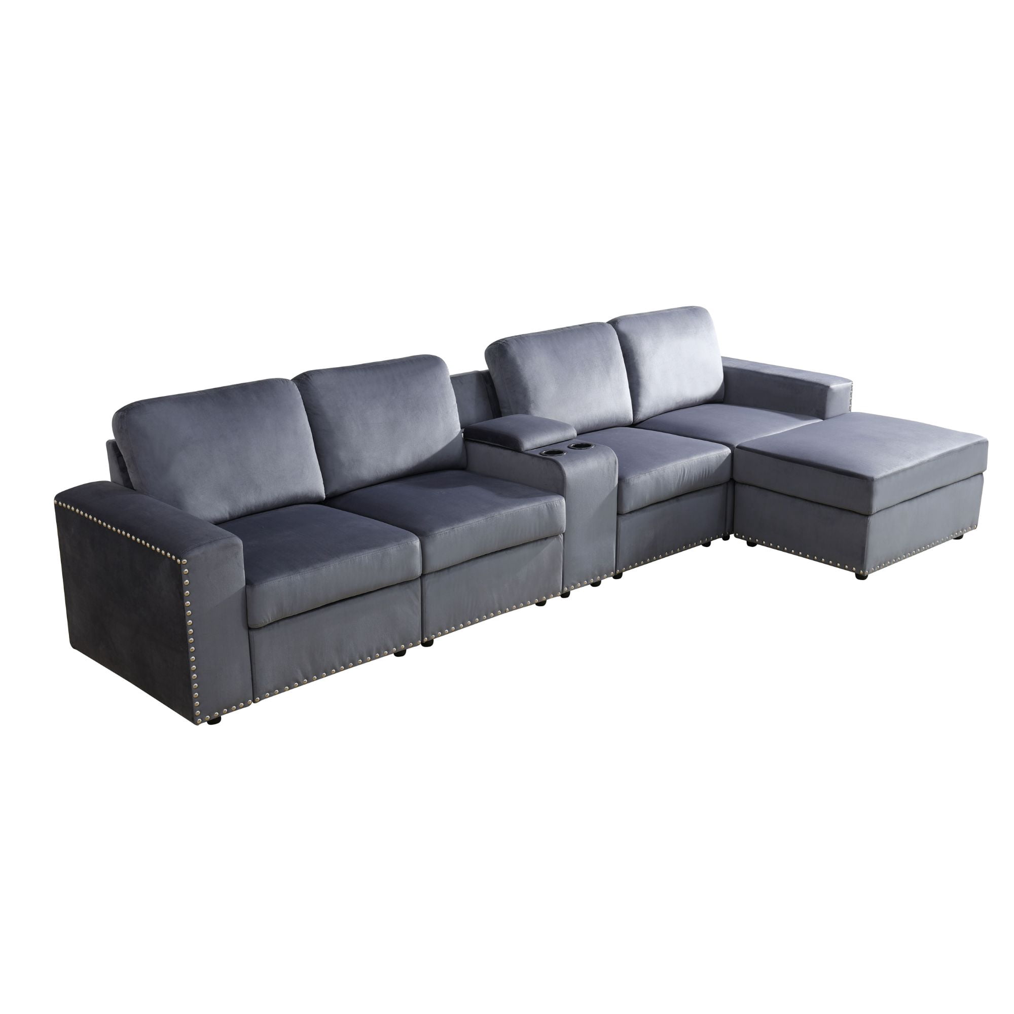 MAYEERTY Modular Sectional Sofa Set, Convertible Upholstered Couch with Ottoman, Console & Cup Holders, for Living Room Family Room Apartment, Dark Grey