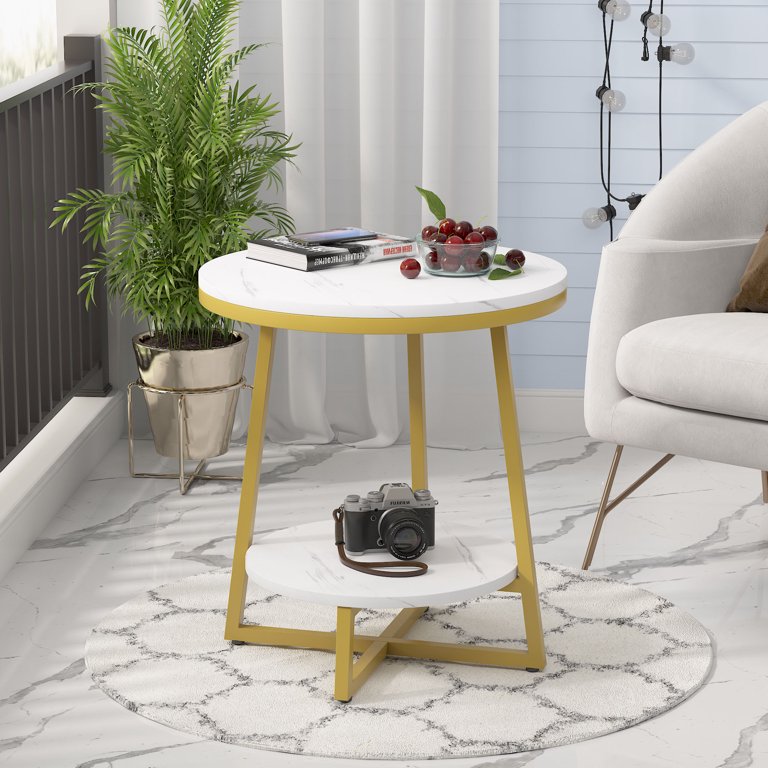 Modern Gold End Table, Round Marble Side Table Nightstand Bedside Table  Small Coffee Accent Table