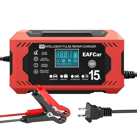 car battery charger 15-amp, 12v smart fully automatic battery charger maintainer trickle charger for car truck motorcycle lawn mower boat marine lead acid batteries 12 volt
