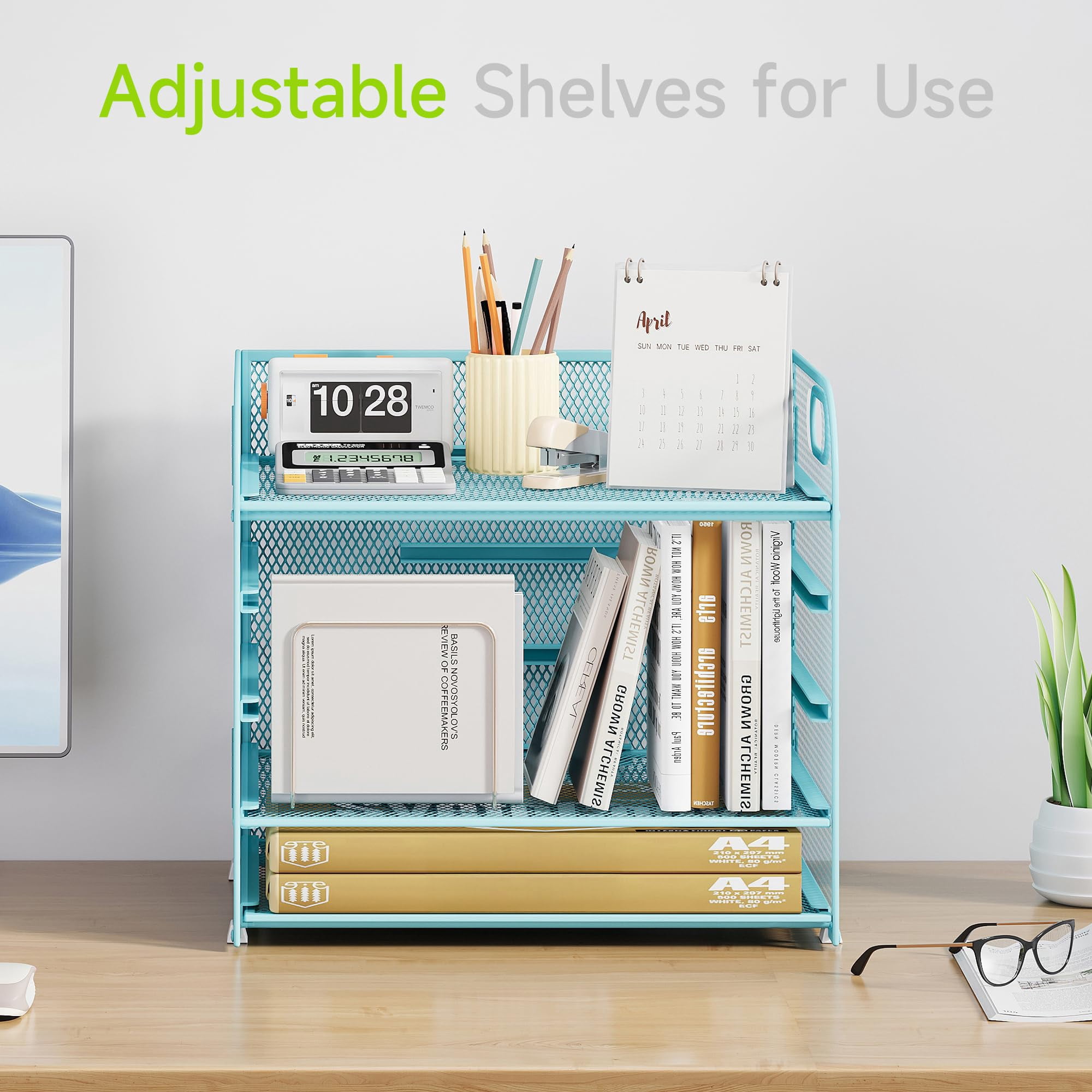 5 Tier Paper Organizer With Handle  Blue Metal Mesh Desk File Folder Letter Tray Desktop Document Sorter For Classroom School Office Accessories Organization And Storage