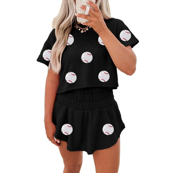 Women's Black Baseball Print Skort Set with Sequins - Casual 2-Piece Outfit | [ZhiHiMeRi] | (US 12-14)L