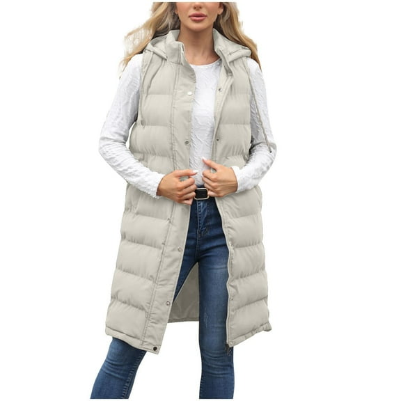 Long Vest for Women Sleeveless Side Zipper Long Puffer Vest Lightweight Warm Zip up Hooded Jacket for Fall and Winter Beige XXL