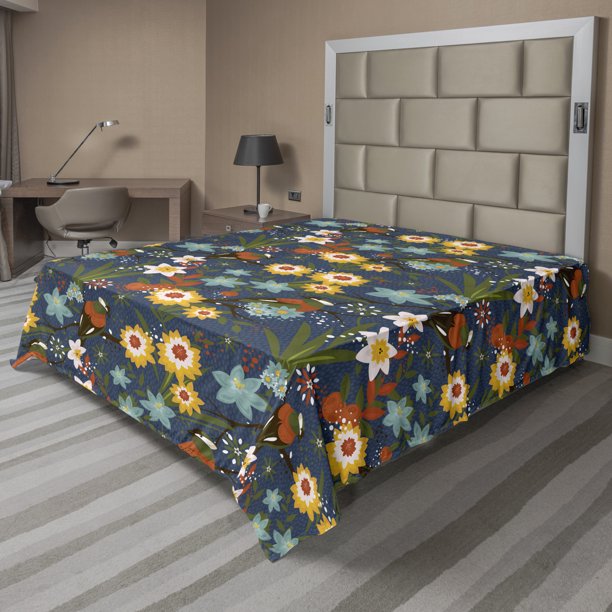 Floral Flat Sheet, Vintage Birds Blossoms Art Abstract Arrangement with