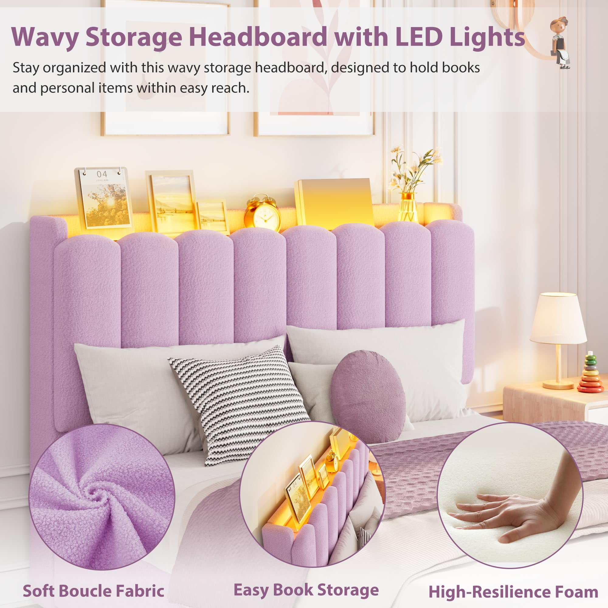 Bed Frame with 2 Storage Drawers, Upholstered Bed Frame Queen Size with LED Lights Headboard, No Box Spring Needed, Easy Assembly