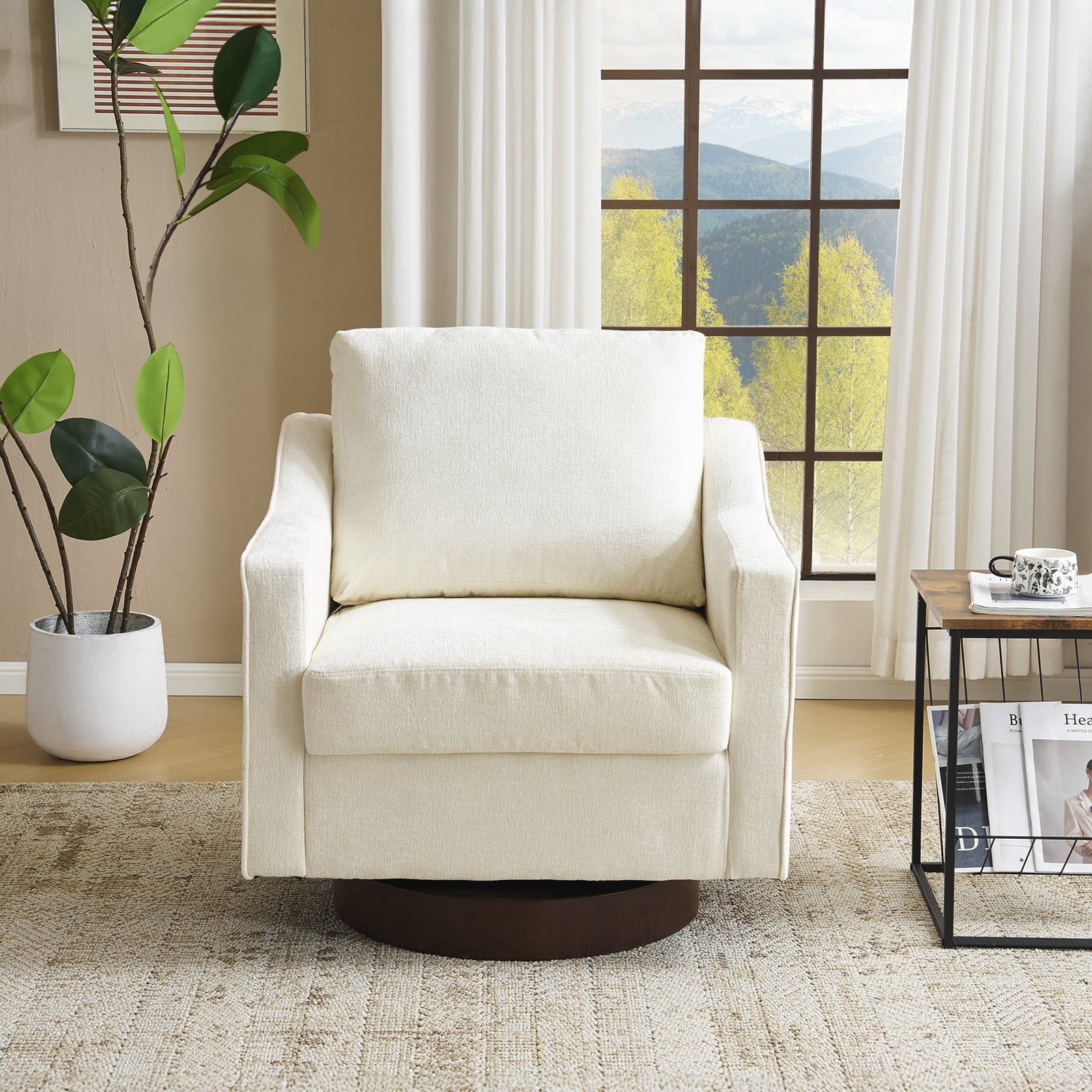 Ktaxon 360° Swivel Accent Chair Soft Chenille Fabric Arm Chair High Resilience Cushion Ideal for Living Room  Bedroom Furniture Off White