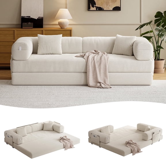 79" Convertible Sofa Bed ,CARZZI LIFE Compressed Floor Boneless Couch Modular Corduroy Sleeper Sofa, Folding Mattress Couch for Small Spaces - No Assembly Needed in Beige with Storge