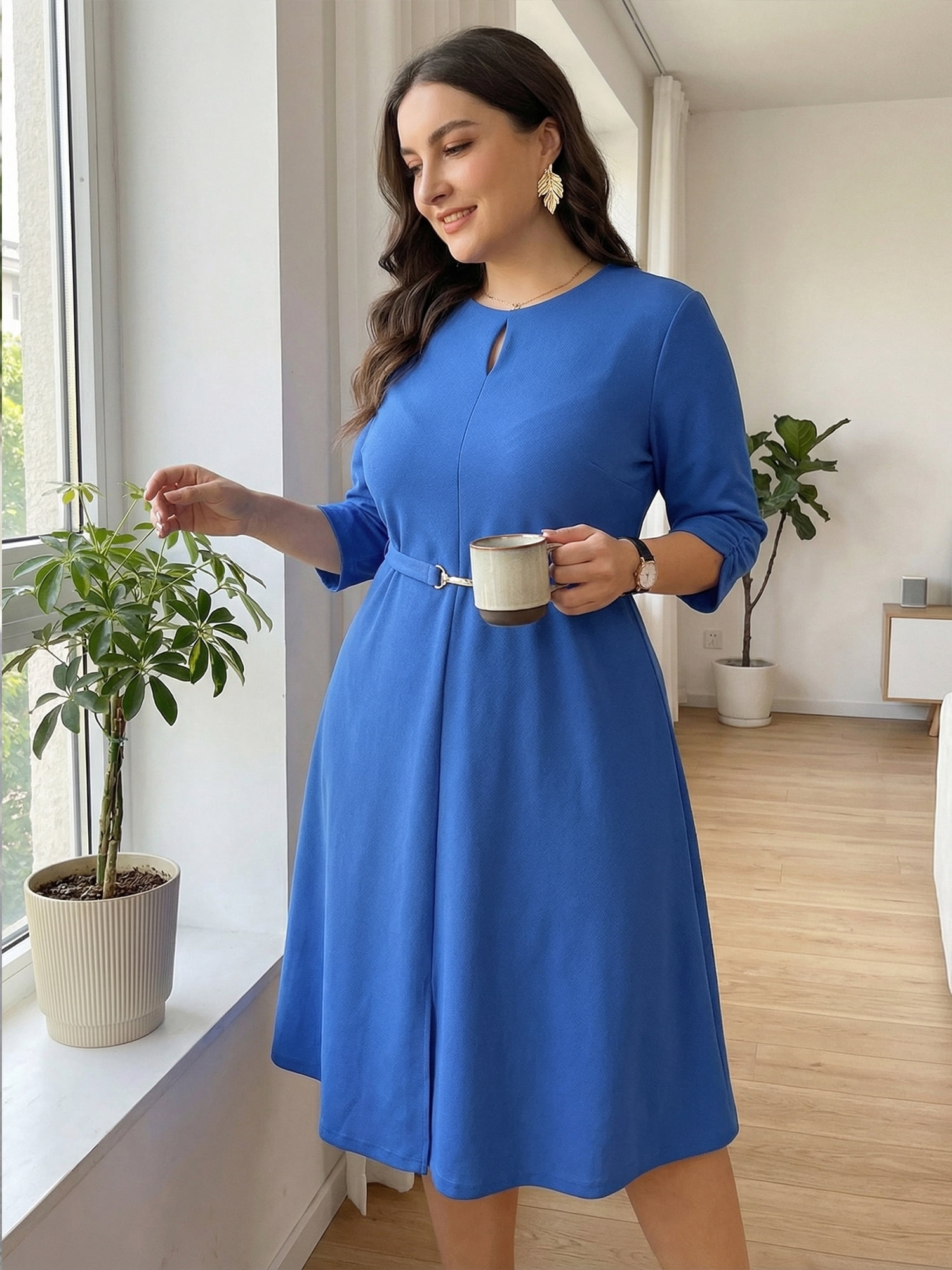 DARING DIVA Women's Outfit A-Line Keyhole Neck Spring Classy Midi Dresses for Work L Royal Blue