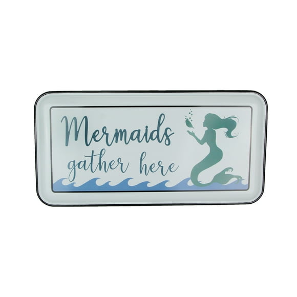 White Enamelware Mermaids Gather Here Metal Wall Sign Coastal Decor