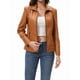 thumbnail image 3 of Chaqueta de Piel Sintética para Mujer, Estilo Motociclista, con Cremallera, Ideal para Salir. Camello L, 3 of 10