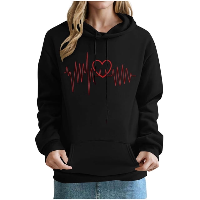 Mceream Valentines Day Chandails en Molleton à Capuche pour Femmes Mignons Pulls de Vacances à Paillettes Manches Longues Hauts Décontractés Col Rond Chandails en Molleton Grande Taille Vêtements Noir TTG