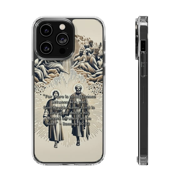 DistinctInk Hybrid (Acrylic / TPU) Clear Slim Fit Case for Apple iPhone 12 Pro MAX (6.7" Screen) - "The Inclusive Blessings: Romans 10:12 Unites All Believers"