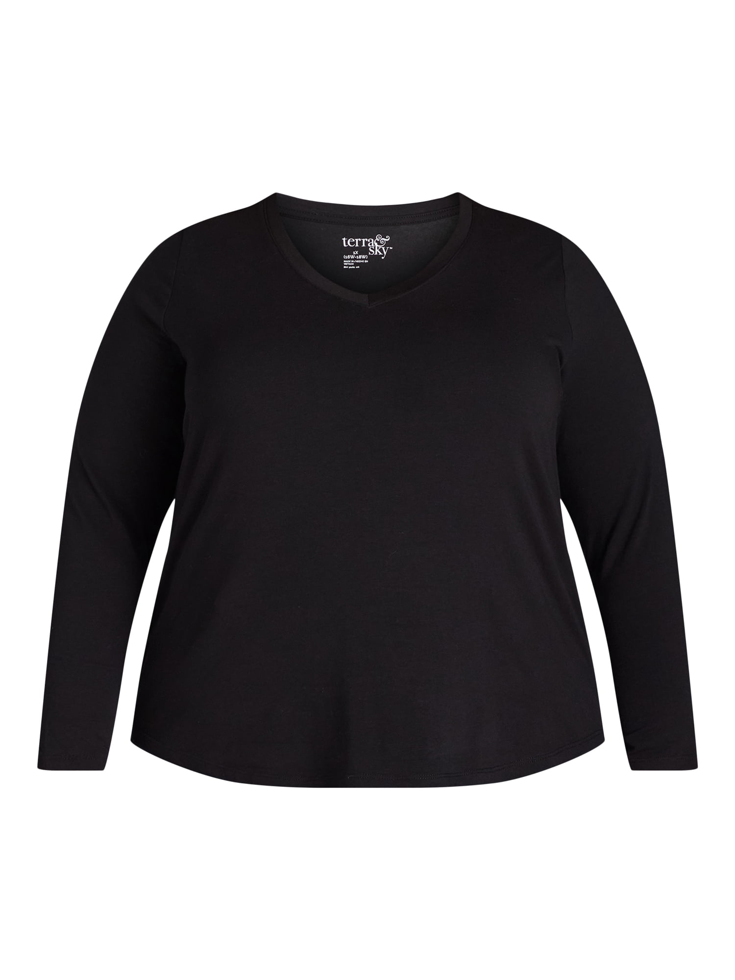Terra & Sky Women’s Plus V Neck Tee with Long Sleeves, Available in 1 and 3-Packs, Sizes 0X-5X