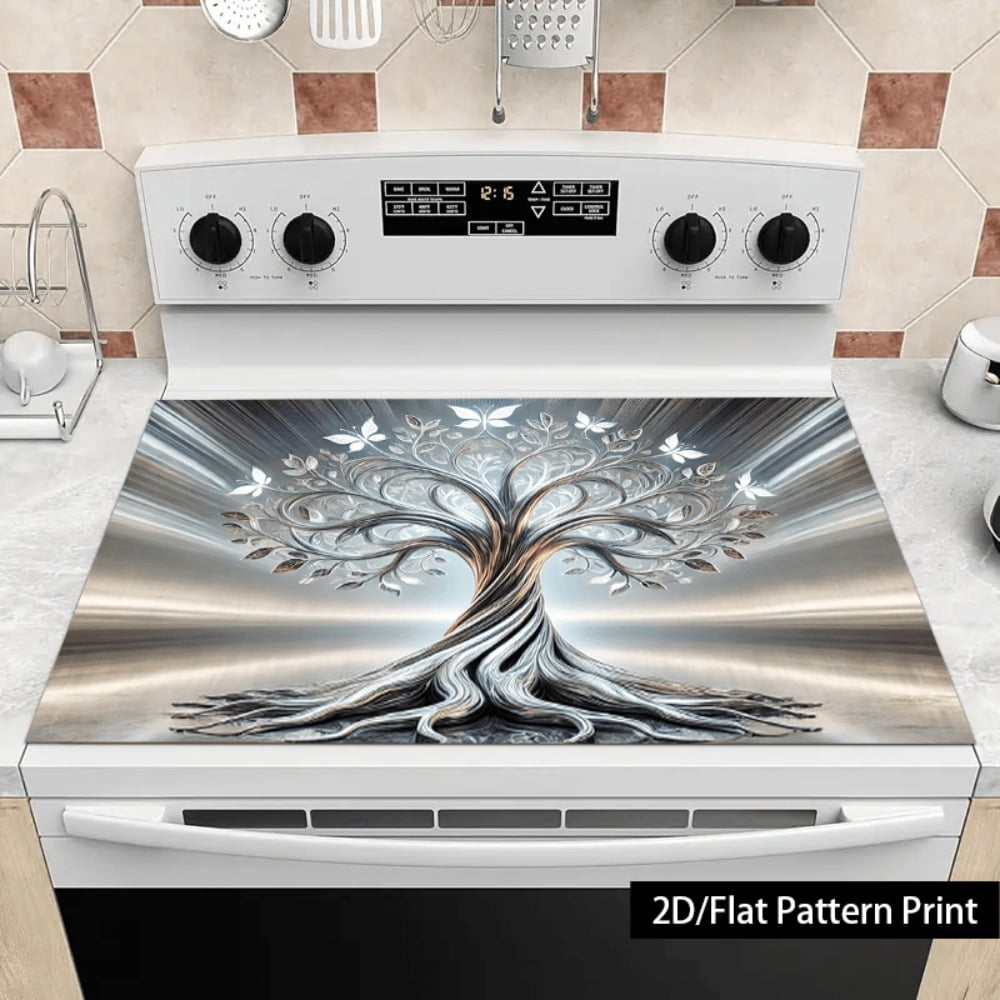 1 piece, stove panel and cooktop panel protection pad, 2D flat butterfly life tree pattern kitchen decorative countertop pad, suitable for stoves, washing machines, dryers, coffee machines, multi-fun