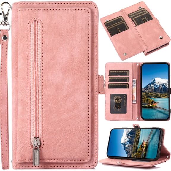 for iPhone 17 Phone Case Nubuck Leather Wallet Vintage Oil Painting Style Folio Flip Cover Kickstand, 3-Layer Card Slot Cash Holder Zipper Pocket, Magnetic Closure