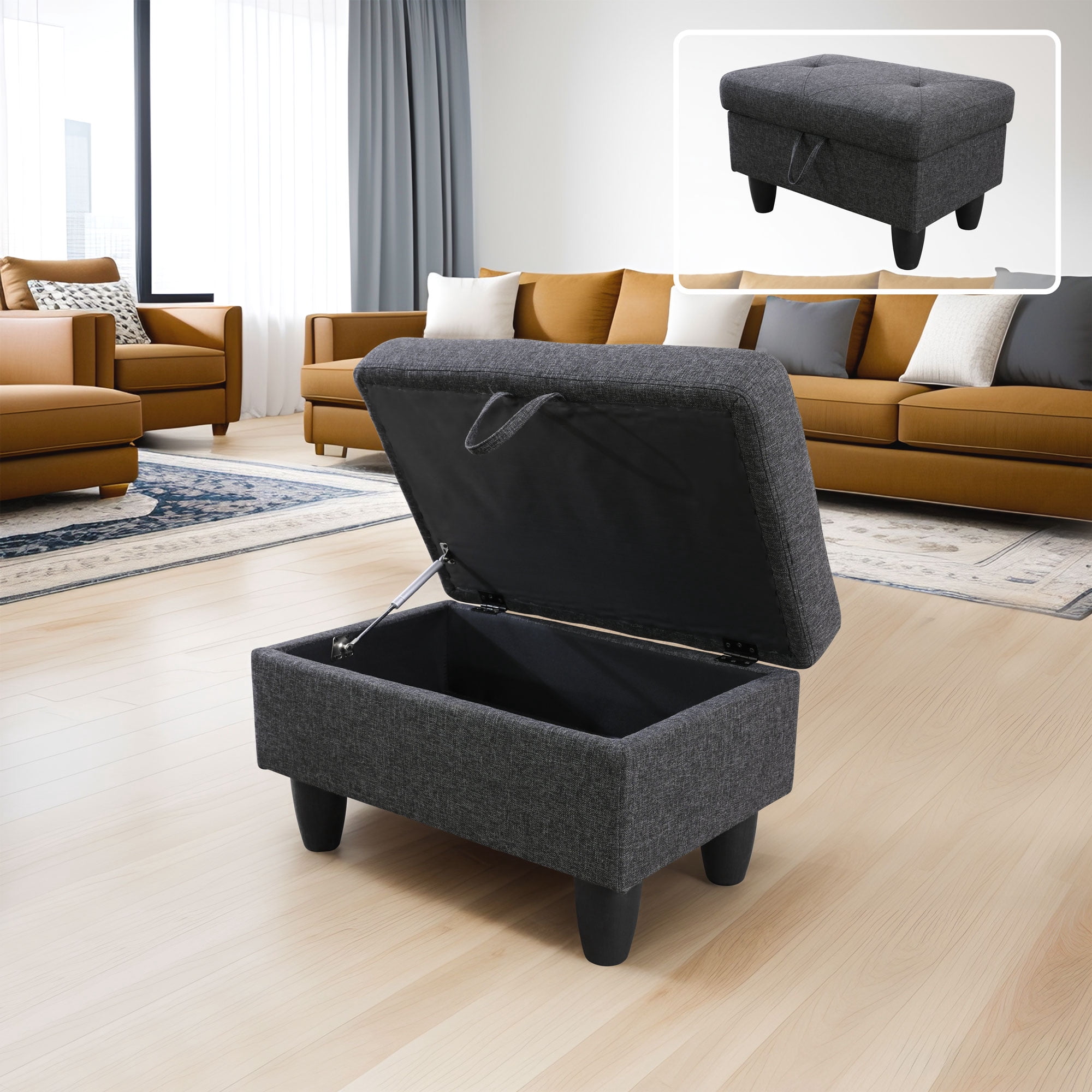 Gewnee 28.5" Storage Ottoman Bench Linen Upholstered for Living Room Bedroom Entryway Dark Gray