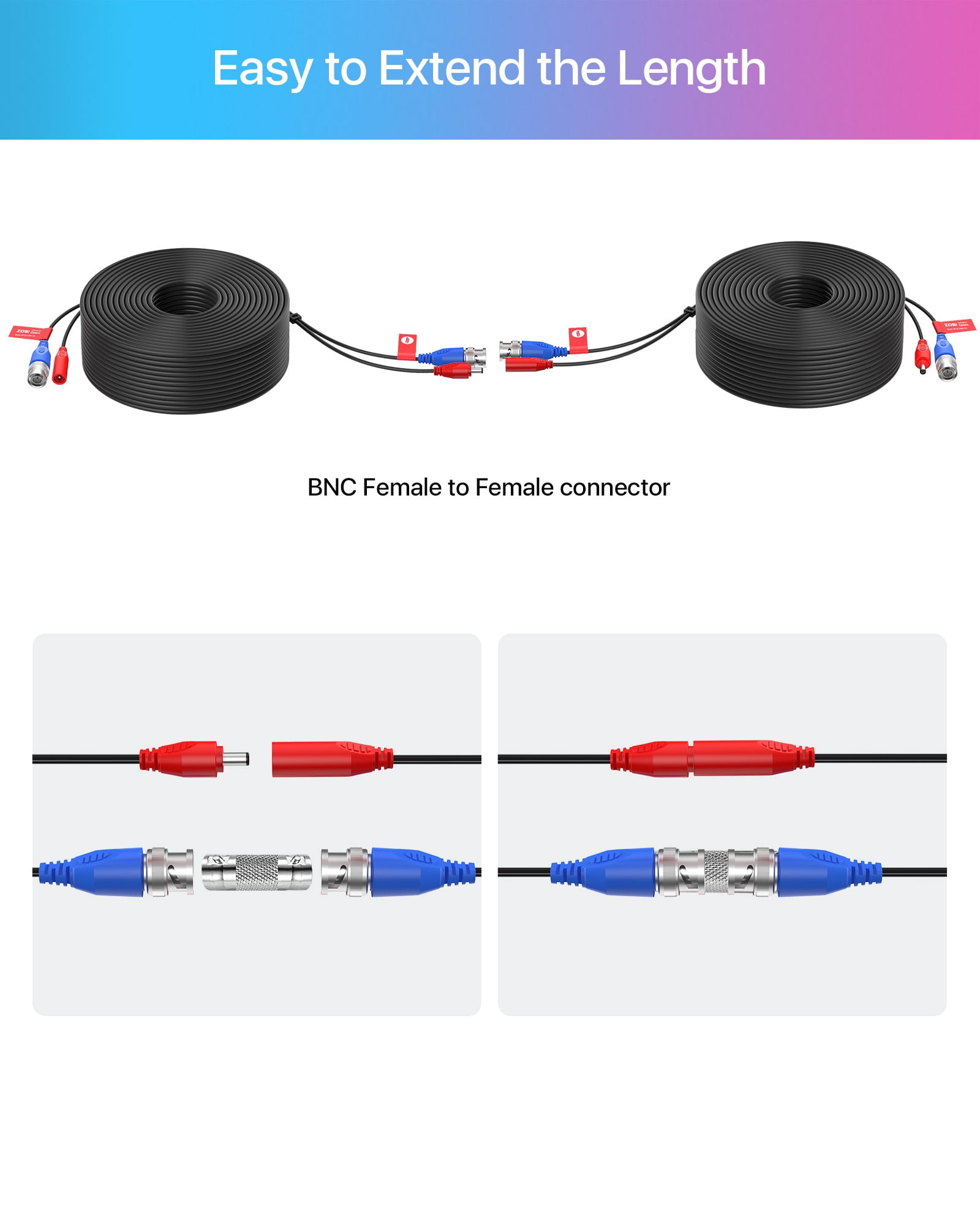 4 Pack 150ft (45 Meters) All-in-One Video Power Cable, BNC Extension Surveillance Camera Cables for Video Security DVR Camera Systems (Included 4X BNC Connectors and 4X RCA Adapters)-Black
