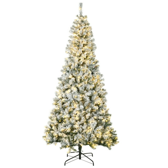 HOMCOM 7.5ft Artificial Prelit Christmas Tree with Warm White LED Light, Snow Flocked Branches, Metal Base, Xmas Tree