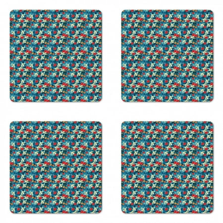 

Summer Coaster Set of 4 Jungle Flowers Flourishing Hibiscus Blooms Palm Areca Leaves Caribbean Forest Motif Square Hardboard Gloss Coasters Standard Size Multicolor by Ambesonne