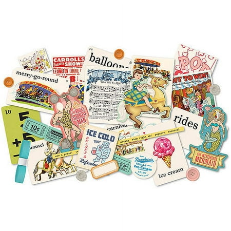 October Afternoon Midway Miscellany Embellishment Assortment-Die-Cuts, Buttons & Ribbon