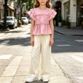 thumbnail image 4 of Mifsaly Girls 2 Piece Outfits Set Ruffle Sleeve Peplum Tops and Wide Leg Pants with Pockets Kids Summer Casual Vacation Clothes Cute Boutique Apparel Holiday Daily Clothes, 4 of 5