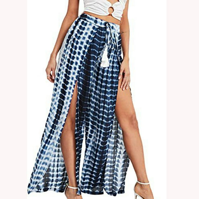 SMihono Pantalons en Lin pour Femmes Mode Grande Taille Décontracté Ample à Franges Imprimé Fendu Large, jusqu'à 65 % de Réduction!