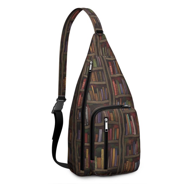 Born to Read Sling Backpack - Literary Bookcase Wall Design Shoulder Bag, Anti-Theft Multi-Pocket Pack for Book Enthusiasts
