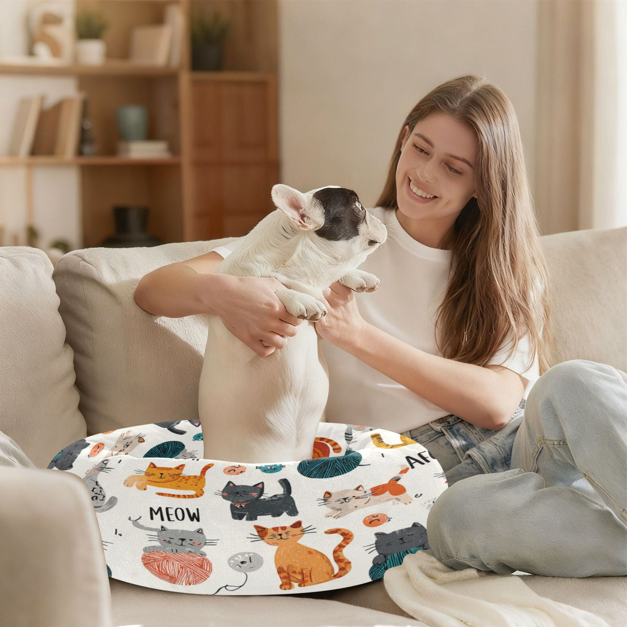 Iauyy Pet Couch Donut Cat Bed for Indoor Cats/Small Dogs Washable & Machine with Non-slip Bottom Calming Cat Furniture, Ball Of Yarn (M)