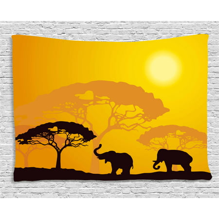 Safari Tapestry, African Abstract Wildlife Animals Elephants Sun Beams Trees Print, Wall Hanging for Bedroom Living Room Dorm Decor, 60W X 40L Inches, Earth Yellow Marigold Black, by