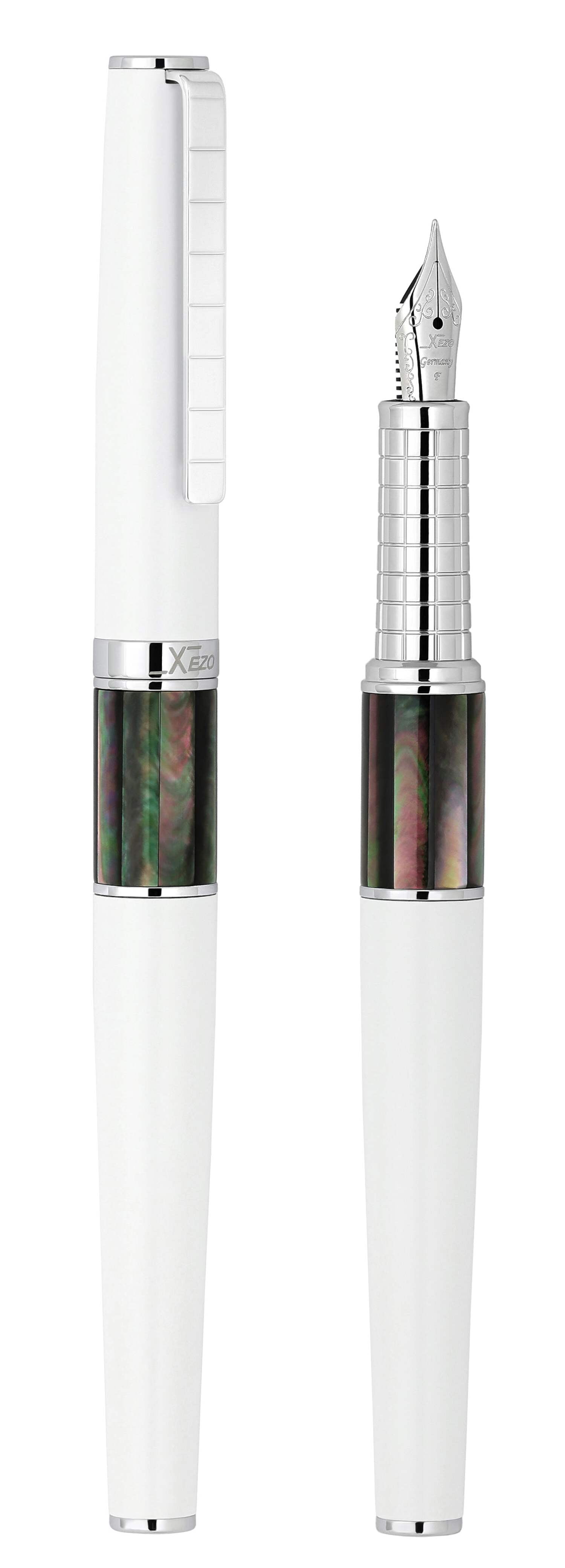 Xezo Speedmaster® White Brass Fountain Pen (Fine Nib) - With Tahitian Black Mother of Pearl