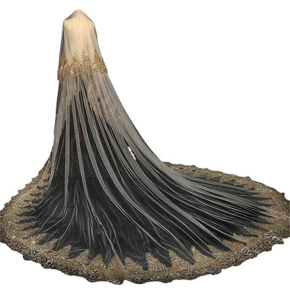 Luxurious Long Cathedral Bridal Veil with Applique and Sequin Edge - Elegant 2-Layer Design with Comb for Brides