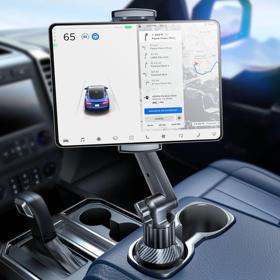 Tablet Holder for Car, iPad Stand Cup Car Mount with 1.57" Depth Large Clamp 15" Height Adjustable Tab 6"-12.9" Cell Phone iPhone Travel Accessories
