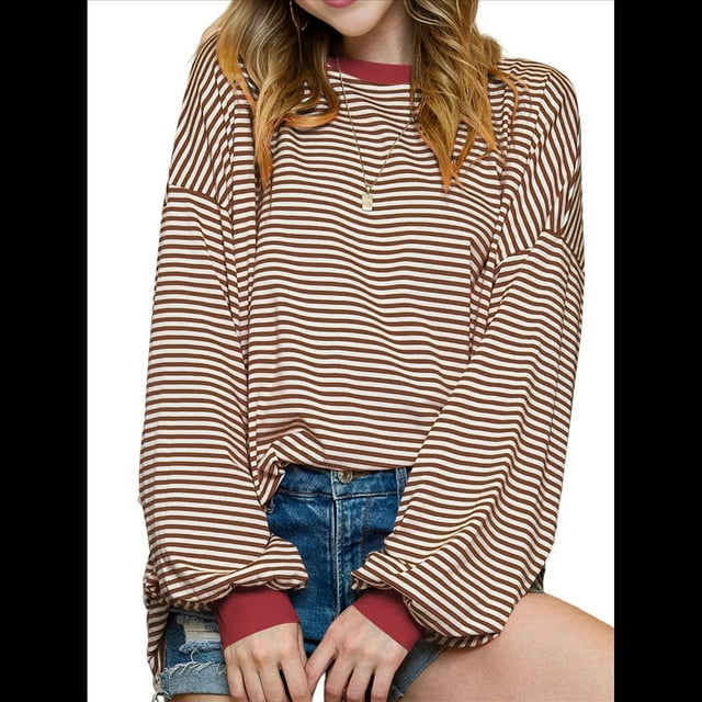 Camiseta de Larga Extragrande para Mujer, Túnica A Rayas con Bloques de Color, Sudadera Holgada de Otoño con Cuello Redondo y Rojo L