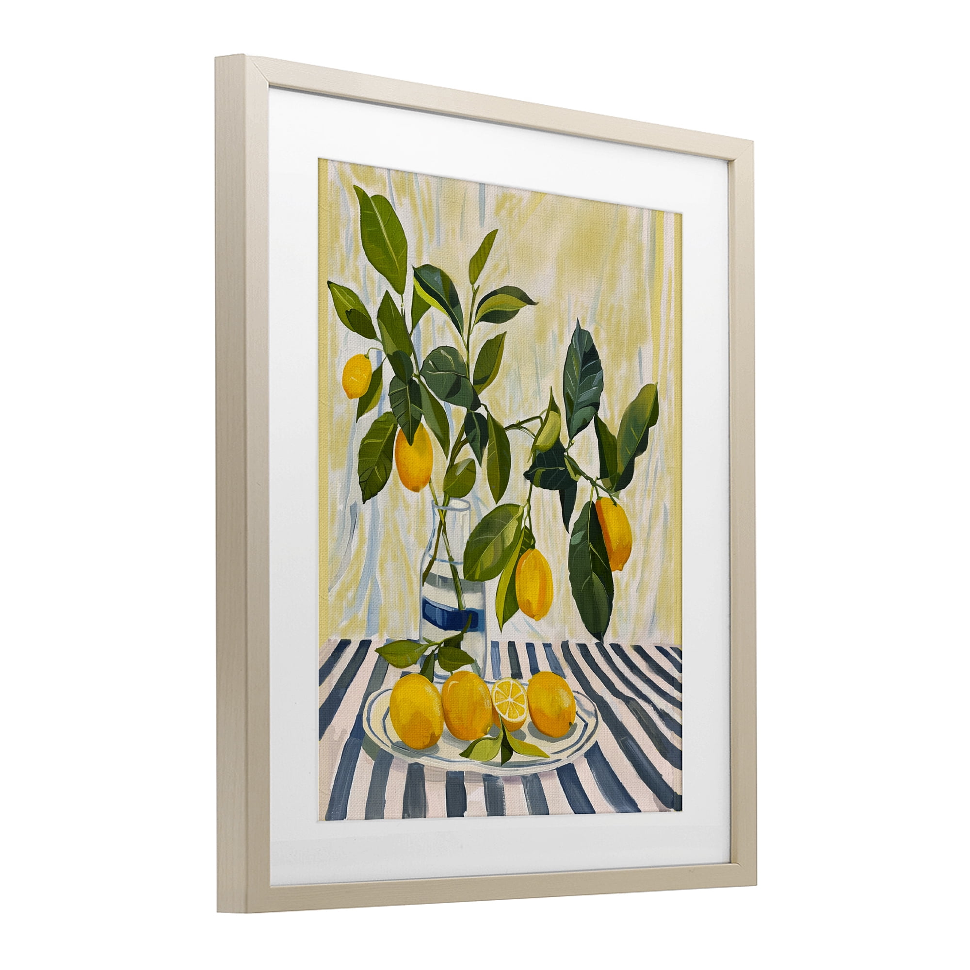 Stupell Industries Lemons on Striped Tablecloth Birch Framed Print Under Glass, design by Yen
