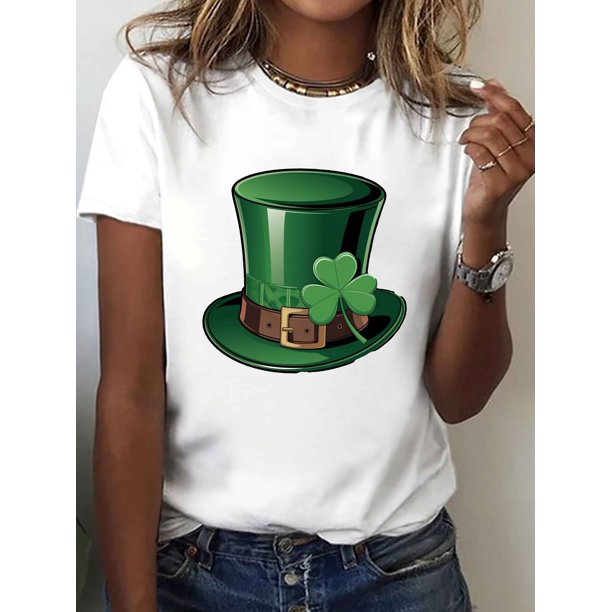 Women's St. Patrick's Day Shamrock & Green Hat Graphic T-Shirt - Casual Crew Neck, Short Sleeve Top in Soft