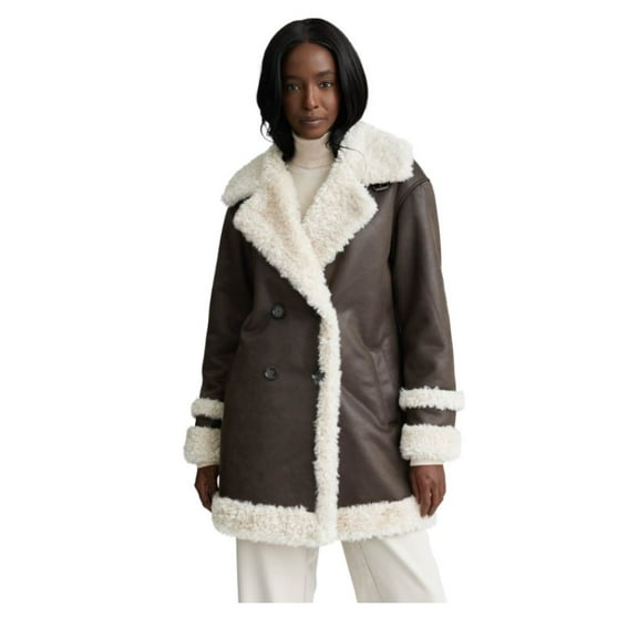 NVLT ESPRESSO Women's Double Breasted Shearling Jacket, US Large